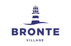Bronte Village Logo, the logo is the outline of a blue light house with the title underneath.