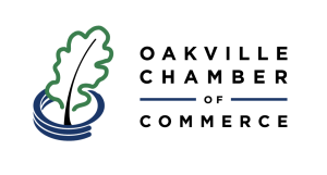 Oakville Chamber of Commerce_Logo_Horizontal_Color Oakville Chamber of Commerce logo, the logo is a leaf with a blue circle at the stem.