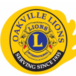 The Oakville Lions Logo, the logo is a yellow circle with a blue L in the center with lions on both sides. The circle also includes the title of serving since 1935.