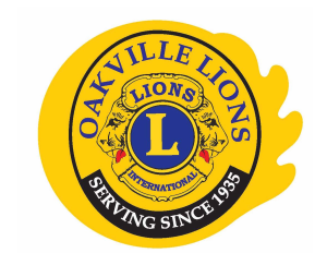 The Oakville Lions Logo, the logo is a yellow circle with a blue L in the center with lions on both sides. The circle also includes the title of serving since 1935.