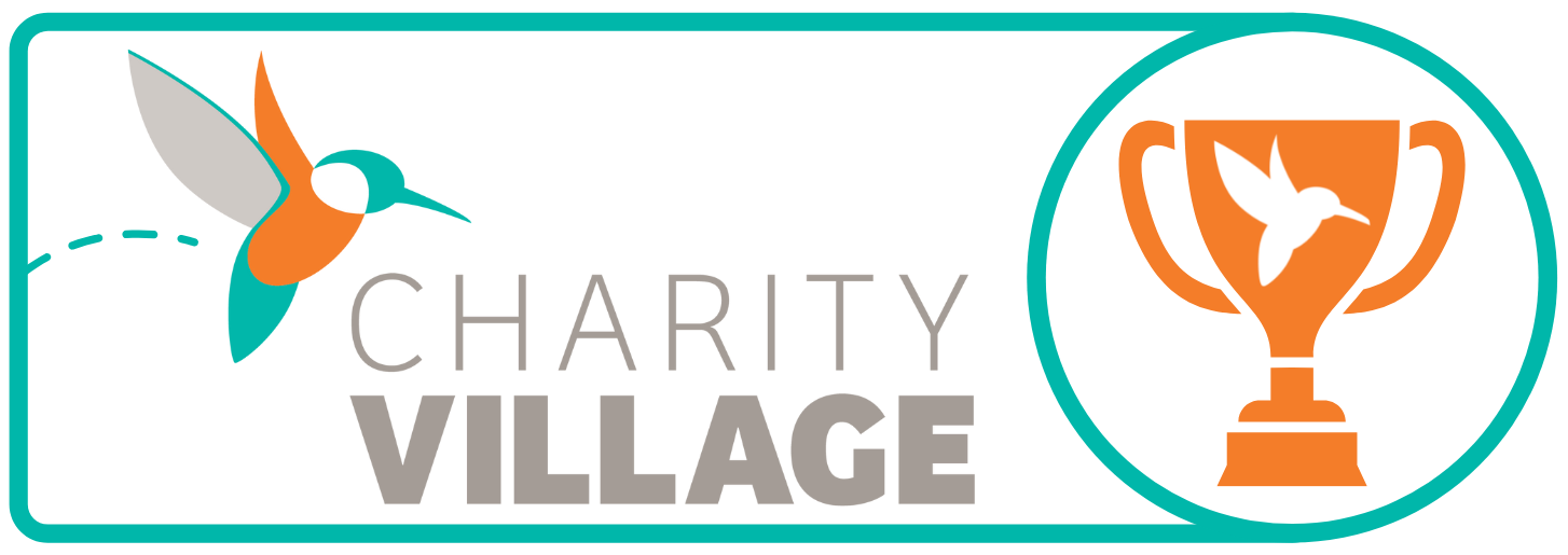 Charity Village Award Logo. The logo is a trophy with a humming bird,